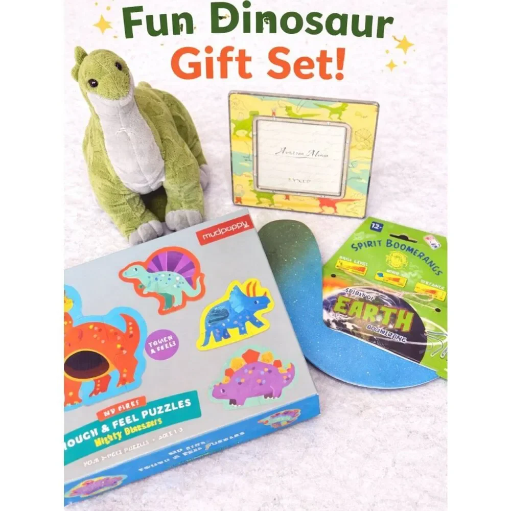 Dinosaur Gift Set Kids | Plush Dino, Puzzle, Frame & Boomerang Toy Bundle